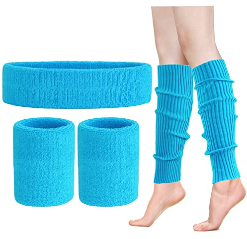 ONUPGO Set di scaldamuscoli da donna anni '80 in maglia al neon scaldamuscoli fascia braccialetti anni '80 costumi da allenamento accessori per le donne, Blu neon., 20 cm