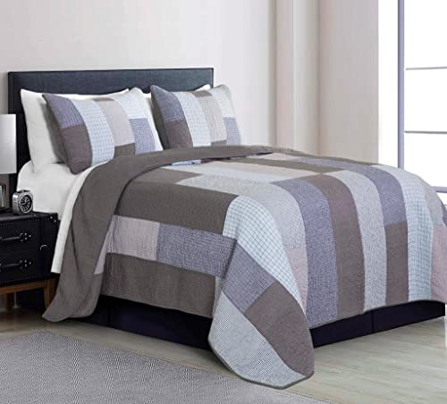 Chezmoi Collection Sora 3-Piece Plaid Checkered Grid Patchwork Stripe Quilt Set - Soft Lightweight 100% Washed Cotton Bedspread for All Season, Queen Size