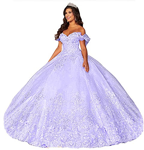 TSxuelian Vestidos de quinceañera con hombros descubiertos para mujer, apliques de encaje, volantes escalonados, vestidos de boda, Lila, 38