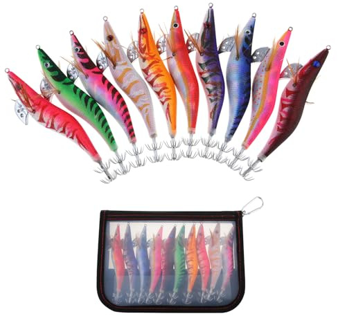 OriGlam 10 pcs Crevettes Lumineuses Calmar Jig Leurres De Pêche en Mer, Squid Jig Crochets Dur Pêche Crevette Leurre Octopus Seiche Leurres De en Mer, Squid Octopus Appâts (13.5cm 19g)