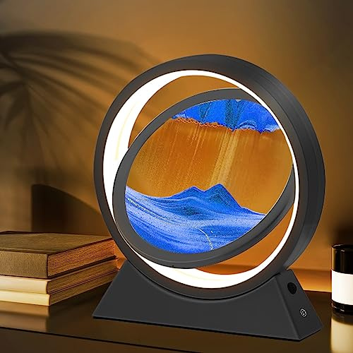 Ulikey Sandbilder Zum Drehen, 3D Dynamische Sandbild mit Led Licht, 10 Zoll Bewegende Sandkunst, Fließende Sandkunst für Erwachsenes Kinder, Bewegliches Sandkunstbild Landschaft (Schwarz und blau)