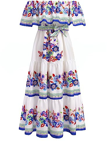 Women Mexican Dress Off Shoulder Floral Long Maxi Dress Cinco de Mayo Dresses Off the Shoulder Mexican Dress for Women Traditional Fiesta Dress Summer Beach Holiday Party Dress Belt White+Blue XL