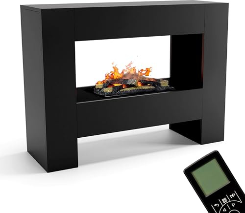 GLOW FIRE Wasserdampf Kamin FALLADA (Standkamin) - Elektrokamin mit realistischen LED 3D-Flammen, Knistereffekt & Fernbedienung, 120x90x40 cm - Opti-Myst 600 Elektro Kamin mit Holz-Deko, Schwarz