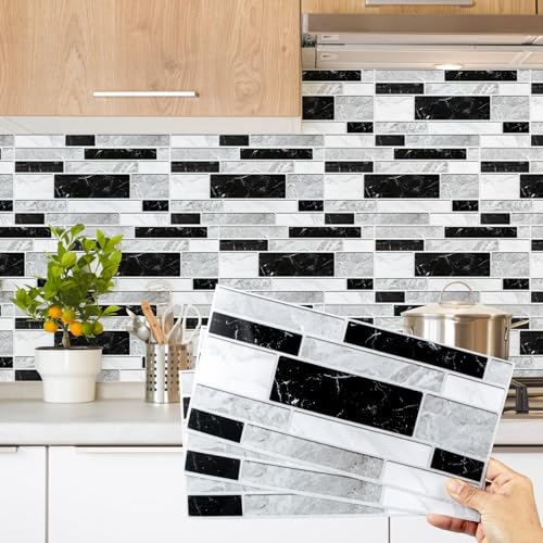 Decoroom Azulejos Autoadhesivos Negro &Blanco 15x30cm/12Pcs Baldosas Pegatinas Adhesivas Ladrillos Vinilo PVC Impermeable Decorativa Cocina Baños Baldosas Adhesivas Pared