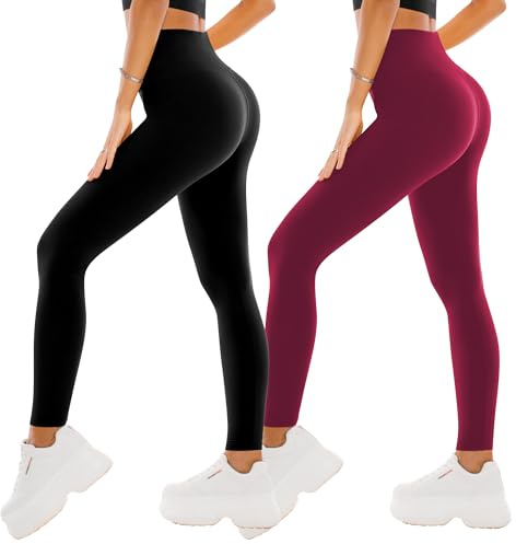 SINOPHANT 2 Confezione Leggins Sportivi Donna a Vita Alta, Pantaloni Yoga Controllo della Pancia Opaco Elastici Leggings,L-XL,Nero/Vino Rosso