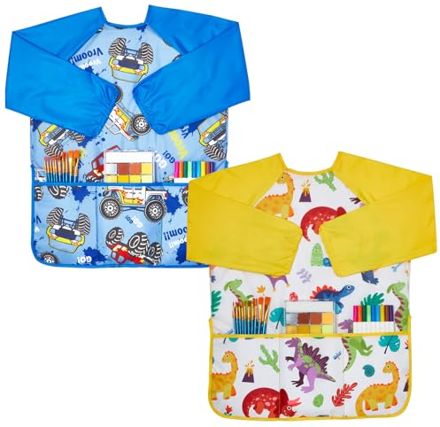 Lictin Malkittel Kinder, 2 Stück Malschürze Kinder, Maleranzug Kinder für Alter 3–8 Jahre, Malerschürze mit 3 Taschen Malerkittel mit Langen Ärmeln, Malshirt Kinder Schule für Junge
