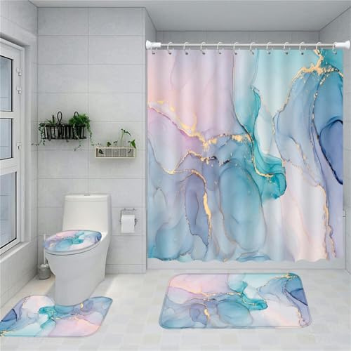 Set di tende da doccia colorate in marmo da 1/4 pezzi, tenda da doccia impermeabile, tappetino da bagno antiscivolo, copertura per WC e tappeto a forma di U, set completo da 4 pezzi
