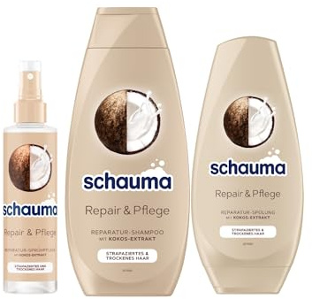 Schauma Sprühpflege Repair & Pflege (200 ml) Hitzeschutz & Reparatur-Shampoo Repair & Pflege (400 ml) glättet & repariert & Schwarzkopf Spülung Repair & Pflege (250 ml)