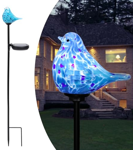 Afirst Decorative Solar Lights Outdoor Solar Bluebird Stake Lights Hand Blown Glass Decorative Garden Pathway Lights Outdoor Waterproof Glass Stakes