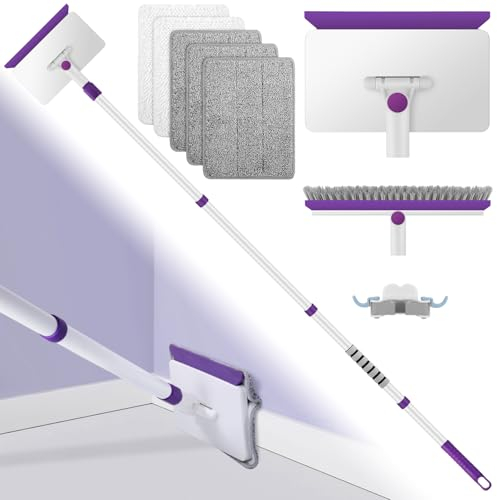 Wall & Skirting Board Cleaner, Baseboard Cleaning Tool Duster with 57 Long Handle,Wall Cleaner Mop with 5 Reusable Cleaning Pads and Bristles Brush for Ceiling, Floor, Window