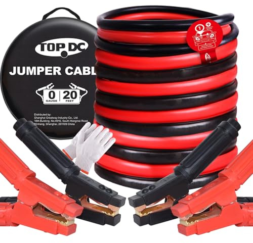 TOPDC Heavy Duty Jumper Cables 0 Gauge 20 Feet 1000Amp Booster Cables for Car Battery, 2/0 Gauge Cables for 12V & 24V Diesel Trucks,SUVs and Trucks, Protable Jumper Cables Kit with Case, Gloves