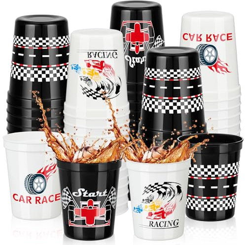 Domensi 24 Pcs Racing Car Party Cups 16oz Checkered Plastic Race Car Themed Stadium Cups Checkered Flag Favors Birthday Party Supplies