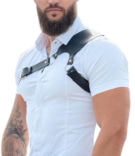 Pinwe Arnés de cuero para hombre, cinturón punk, tirantes, cadena corporal, correa de hombro, ajustable, disfraz de rave, Negro, Taille unique