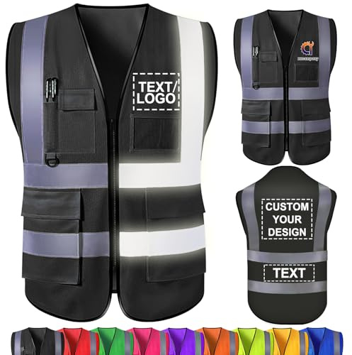 WolunLi Gilet de sécurité personnalisé en vrac avec nom, logo, texte, gilets réfléchissants haute visibilité avec poches, gilet de travail pour homme, employé de la construction Black X-Large