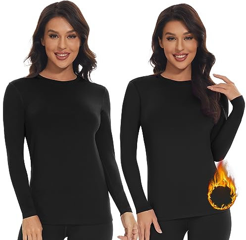 SIMIYA 2 Pack Thermo Unterhemd Damen Thermoshirt Langarm Thermounterwäsche Thermo Oberteil Warme Unterwäsche Winter Thermal Base Layer mit Innenfleece,2 Pack Schwarz,M