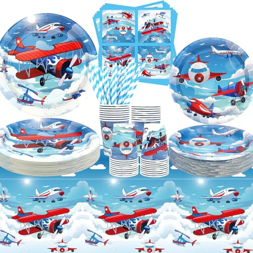 Aereo Partito Accessori per Aereo Partito Stoviglie per Cena Piatto Dessert Piatti Tazze Tovaglioli Tovaglia Cannucce per Accessori Doccia Bambino, Servito 40 (40)