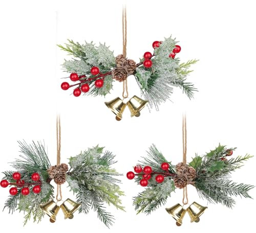 DETENE 3 Pièces Clochettes de Noël Métal Cloches en Métal à Accrocher Ornements de Cloche de Sapin de Noël avec Pins et Baies pour Guirlande d'arbre de Noël Pendentif Ornements