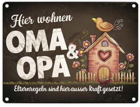Hier wohnen Oma und Opa - Metallschild in 15x20 cm - Elternregeln außer Kraft Ein Zuhause für Großeltern Dunkle Töne für eine elegante Note