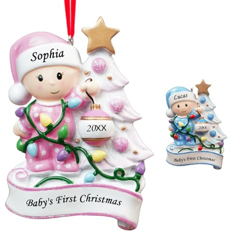witfox 2025 Personalisierte Weihnachtsanhänger mit Name und Datum - Baby's erste Weihnachten Ornament, Weihnachtskugeln Personalisierte Geschenke für Babys Töchter Enkelin, Rosa