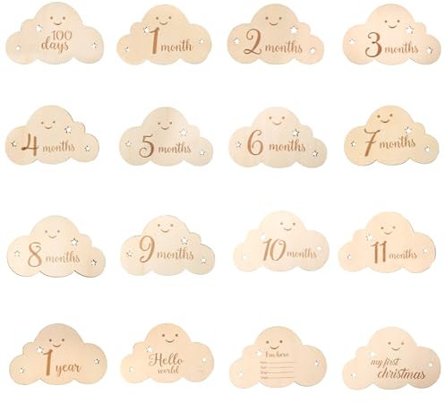 Greyoe 1 Set Baby-Schrittkarte, Monat pro Monat, Babymonatkarte, Holz für Babys, (Meilensteinkarte, Wolke und Stern), perfekte Dekoration für Babyfotos und Kinderzimmer