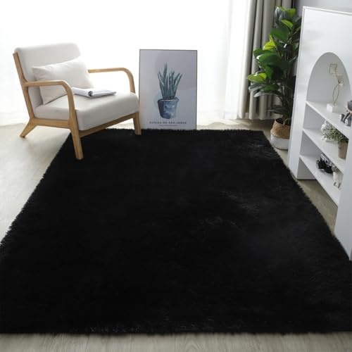 YUANWAN Hochflorteppich Langflor Teppich 120 x 260 cm Weich, Einfarbig, Pflegeleicht Teppich Flauschig Flur Läufer Kuscheliger Teppich für Schlafzimmer, Wohnzimmer, Schwarz