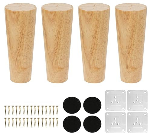 KINDPMA 4 Stück 12cm Möbelfüße Holz Möbelbeine Eiche Konisch Beine für Möbel Tischbeine Kegel Schrankfüße mit Montageplatte, Schrauben, Holzfüße für Couch Schrank Bett Tisch Kommode Couchtisch