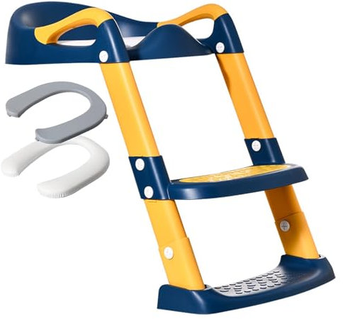 XFLHXY Siège de Toilette pour L'apprentissage de la Propreté, Siège de Toilette Ajustable pour Enfants avec Marche, Poignée Anti-éclaboussures, Coussin Doux(PU Blue)