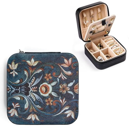 Artinhand Petite boîte à bijoux de voyage de style folklorique norvégien romarin avec miroir, boîte portable en cuir synthétique noir, pour boucles d'oreilles, colliers, bagues, bracelets, cadeau pour