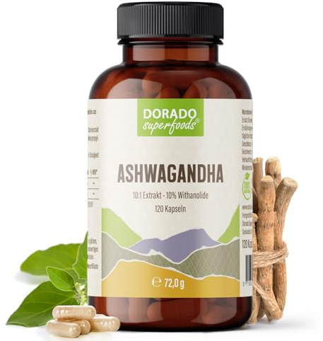 Ashwagandha Extrakt Kapseln – 10% Withanolide – hochdosiert – 120 vegane Kapseln (2 Monate) – ohne Zusatzstoffe – Dorado Superfoods®