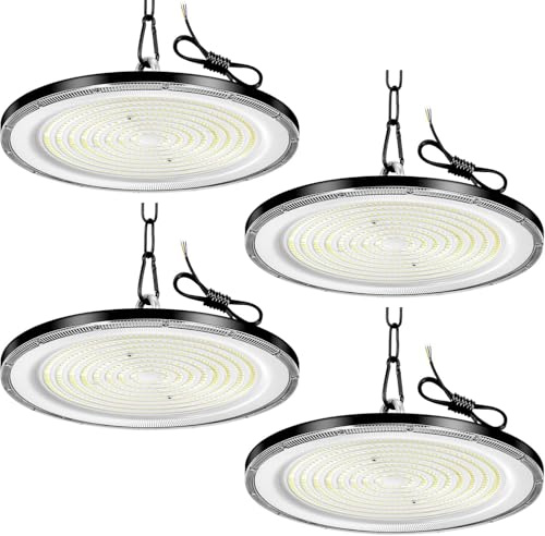 Viugreum 4 Pezzi 1000W Faretto UFO LED Interno Industriale 15000LM 6000K Lampada Officina Super Luminose Bianco Freddo, IP65 lampada a baia alta impermeabile per palestre, fabbriche, magazzini