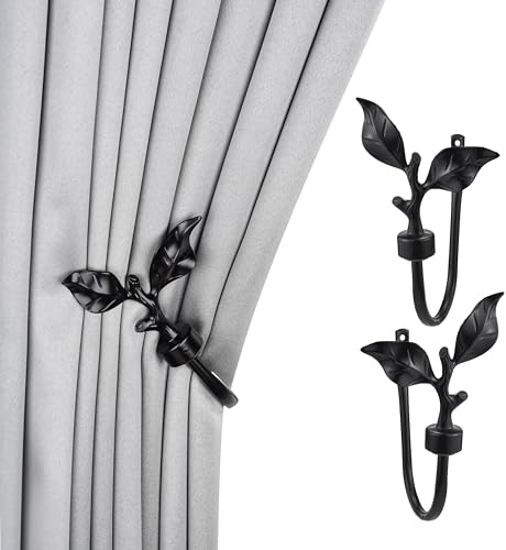 SUQ I OME 1 Pair of Leaf Shaped Curtain Holdbacks Metal Curtain Side Holders for Wall, Antique Brass Curtain Tieback Hook Pull Backs for Drapes Window Home Decoration,Black