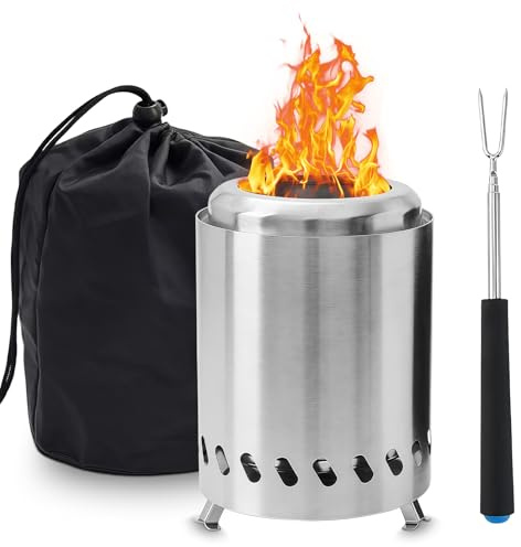 WIYETY Rauchfreie Feuerstelle Feuerschale Edelstahl: 20cm Feuerschale Outdoor mit Teleskop-Grillgabel aus Edelstahl, Feuerkorb Klein mit Aufbewahrungstasche Ideal für BBQ Pellets Holz Camping Outdoor