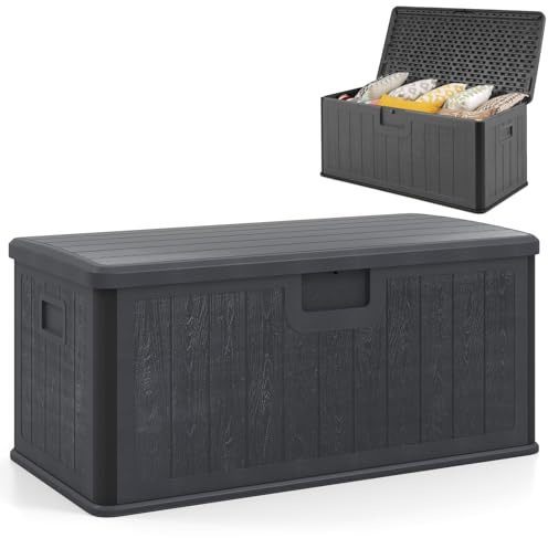 COSTWAY 380L Garden Storage Box, Waterproof Resin Deck Box Bench with Lockable Lid & Side Handles, Wood Texture Outdoor Patio Storage Container for Cushion Tool Toy (Grey)