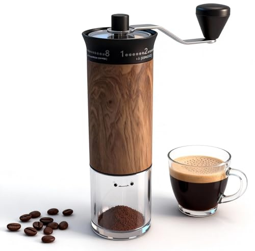 LAMIDO Mini Manual Coffee Grinder - 56 External Grind Settings, Stainless Steel Body & Crank, Ceramic Burr, Portable Hand Grinder for Travel, Camping, Home Brewing - Wood Grain