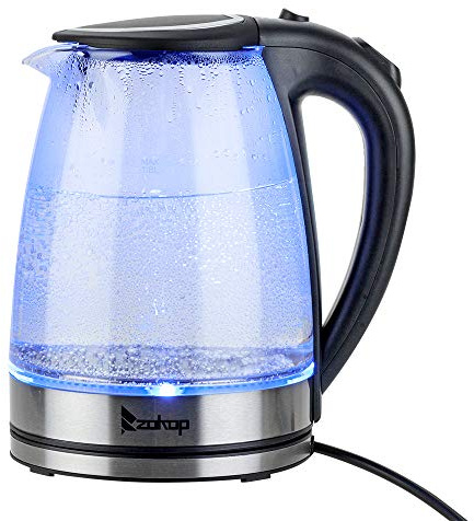 LEADZM Glas Elektrischer Wasserkocher mit 1.8 Liter Volumen 2200 Watt blaue LED Innenbeleuchtung 360°drehbarer Sockel