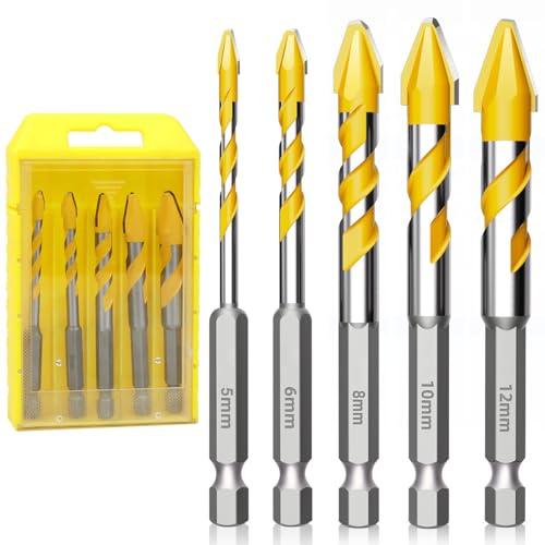 5er Keramikbohrer Set,5mm/6mm/8mm/10mm/12mm Fliesen Feinsteinzeug Bohrer | Sechskantschaft Glasbohrer, für Keramik, Feinsteinzeug, Fliesen, Glas