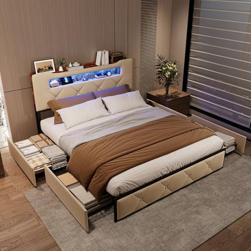 TITA-DONG Polsterbett 140x200cm mit LED und USB Ladestation, Stauraumbett mit 4 Schubladen und Staufach-Kopfteil, Doppelbett mit Lattenrost, Flanell, ohne Matratze (Beige, 140x200 cm)