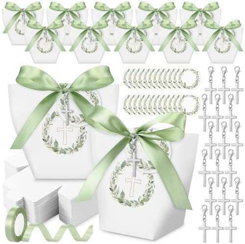 Faccito Lot de 30 Boîtes Cadeaux avec Ruban et Porte-Clé Croix – avec Étiquettes Décoratives Eucalyptus, Adapté pour Première Communion, Confirmation, Mariage et Cérémonies Religieuses