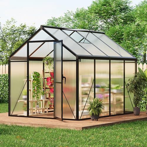GarveeHome 6x8 FT Polycarbonat Gewächshaus für Außenbereich – Wetterfest, UV-beständig, Aluminiumrahmen, abschließbare Tür, Dachfenster – Ideales Outdoor Treibhaus für Garten, Terrasse, Rasen
