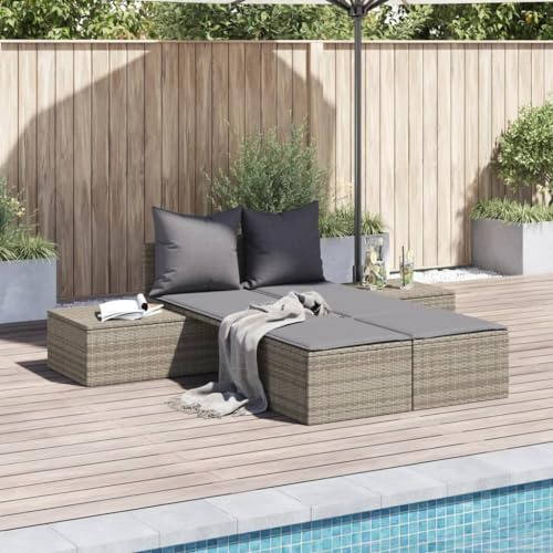 HFMDRMU Modulare Doppel-Sonnenliege mit Kissen Grau, Poly Rattan Doppelliege mit dick gepolsterten Sitzkissen und abnehmbarem Bezug, pulverbeschichteter Stahlrahmen für den Außenbereich