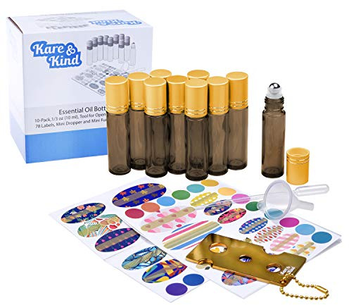 10x Bernstein braune Flaschen für ätherisches Öl (1/3 oz - 10 ml), 1x Werkzeug zum Öffnen / Versiegeln von Flaschen, 78x Etikett (4 Größen), 1x Mini Pipette + 1x Mini Trichter für einfaches Befüllen