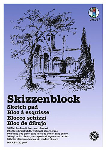 Ursus 8814600 - Skizzenblock, weiß, DIN A4, 50 Blatt, 120 g/qm, aus hochfeinem, weißen Zeichenpapier, holz und chlorfrei, ideal geeignet für Kohle, Rötel, Wachsmalkreide und Pastellkreide