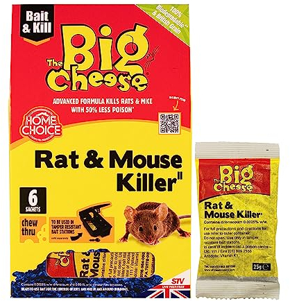 The Big Cheese Rat & Mouse Killer Grain Bait Sachet - 25g x 6 Kills Mice Pre-Measured Chew Through Sachet Difenacoum, Blue