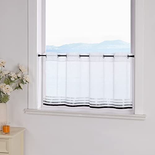 ESLIR Scheibengardine mit Ösen Gardinen Küche Bistrogardinen Transparent Stores Vorhänge mit Satinband Voile Weiß und Schwarz HxB 60x145cm 1 Stück