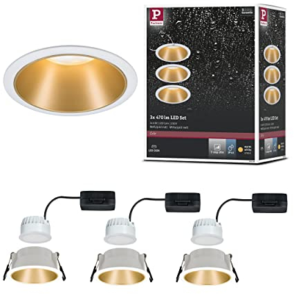 Paulmann 93406 Cole - LED Ceiling Light with 3-Stage Dimmable Spotlight - Round Recessed Luminaire with 2700 K Warm White Light - Set of 3 - White/Gold Matt [Energy Class G]