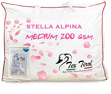 Piumino Tex Tirol Stella Alpina Medium 200 gsm – 100% Piumino d’Oca, Leggero Primaverile Estivo, Trapuntato a Cassettoni, Cotone Bianco, Indice Calore 3 - Singolo 1 Piazza CM. 155X200