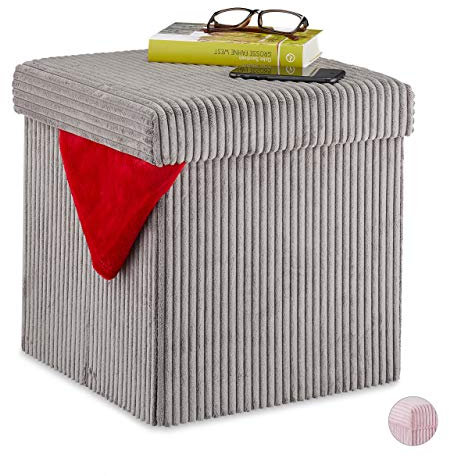 Relaxdays Sitzwürfel, faltbar, Sitzhocker mit Stauraum, Kordsamt, quadratisch, mit Deckel, Samthocker 38x38x38 cm, grau