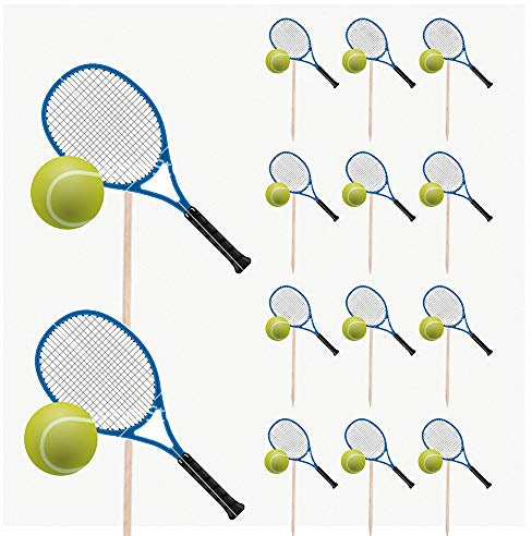 AK Giftshop Tennis Racket and Ball Birthday Party Food Cupcakes Picks Decorations Toppers (pack of 14)