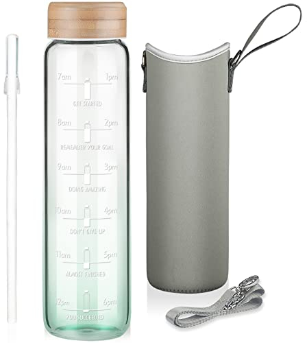 Ferexer Large Motivational Glass Water Bottle with Straw & Time Marker 1 litre / 1l, Wide Mouth Borosilicate Water Bottle with Bamboo Lid and Neoprene Sleeve Green