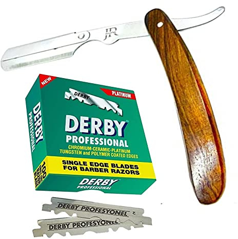 Jegwar Premium Professional Straight Edge Razor Natural Wood Scale – Sharp, High Hardness Carbon Steel Cutthroat Straight Edge Blade+100 Derby BLADES